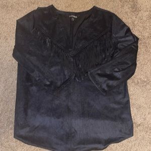 Express Black Suede Fringe V Neck Top